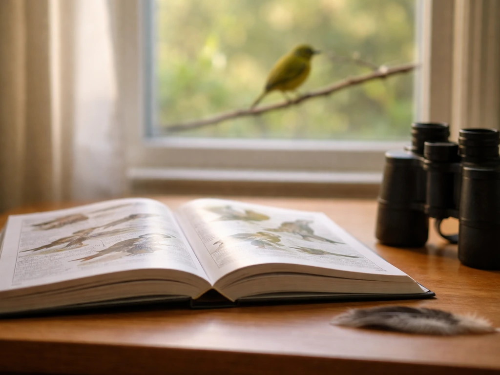 Desk with binoculars and an out-of-focus yellow-green bird outside, suggesting bird ID clarification.