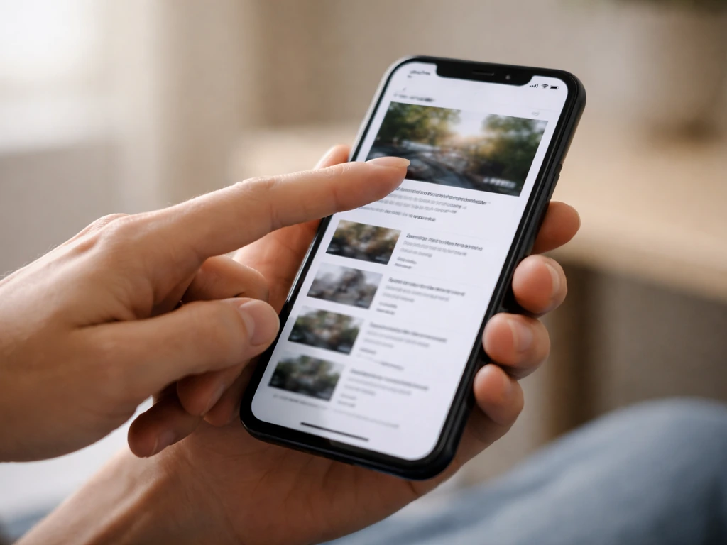 Hands holding a smartphone showing a generic video page, finger pointing to compare the thumbnail.