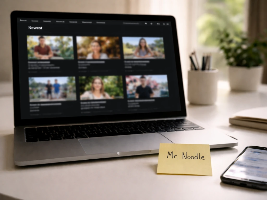 Close-up of a laptop showing a YouTube-style video grid, with a simple “Mr. Noodle” search note