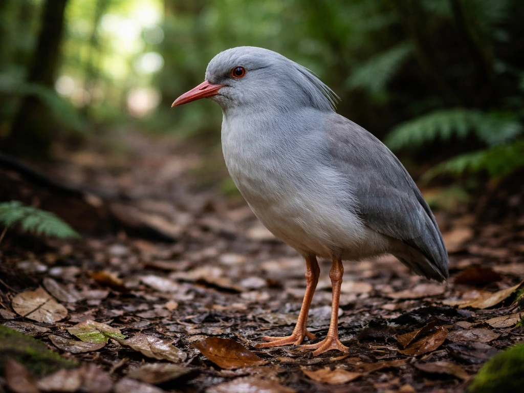 A flightless kagu bird standing on leaf litter in New Caledonian rainforest on Grande Terre