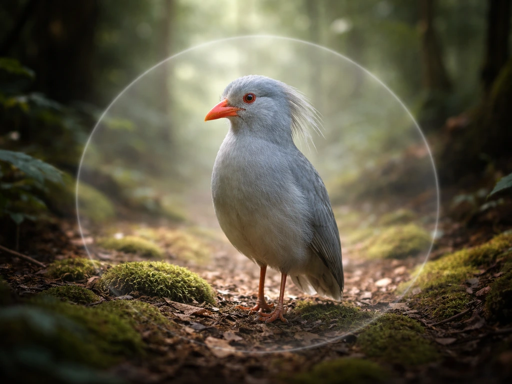 Kagu standing in a misty forest, with a subtle highlighted conservation cue implying it’s endangered.