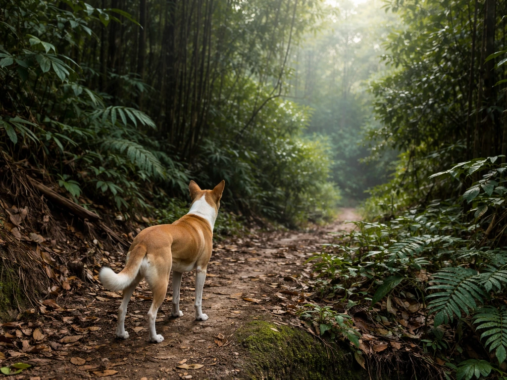 A domestic dog stands near a New Caledonian forest edge, showing habitat overlap and looming threat