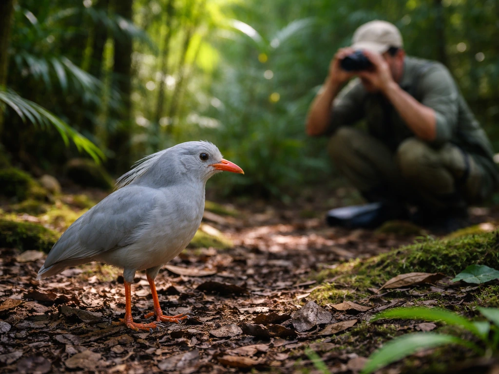 Kagu bird on leaf litter in a rainforest while a researcher quietly monitors nearby.