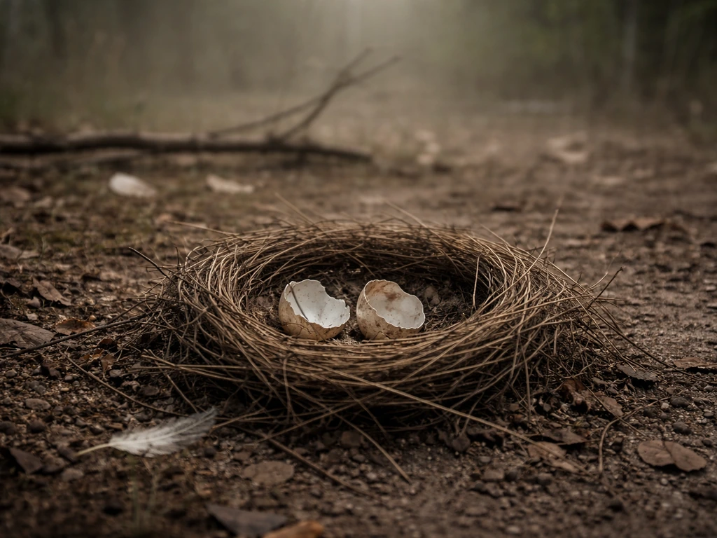 Forest ground nest with visibly cracked, thinned eggshells and scattered feathers implying bird decline.
