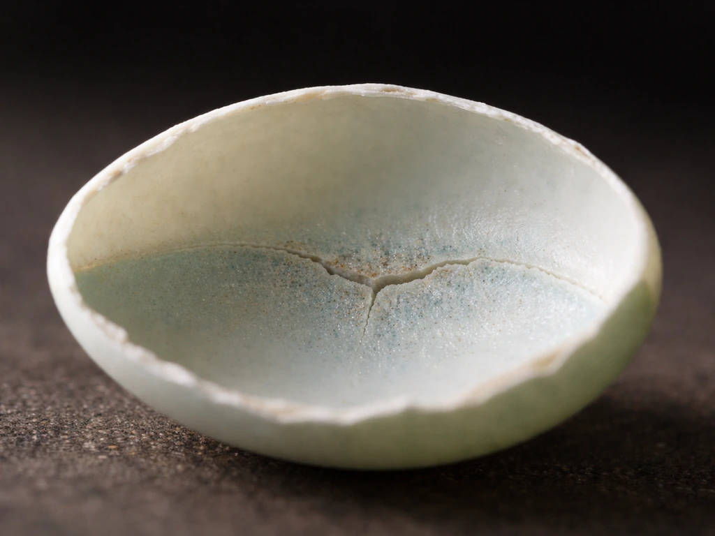 Close-up of a cracked, thin eggshell cross-section showing disrupted shell formation.