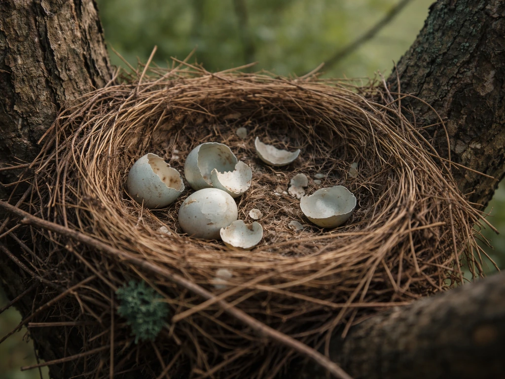 Empty bird nest on a branch with broken eggshells, showing quiet nesting failure rather than mass die-off.