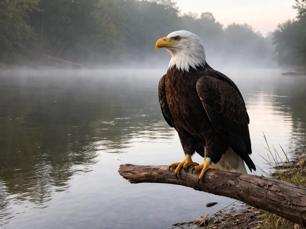 Bald eagle perched on a branch above a quiet riverside, misty water in the background.