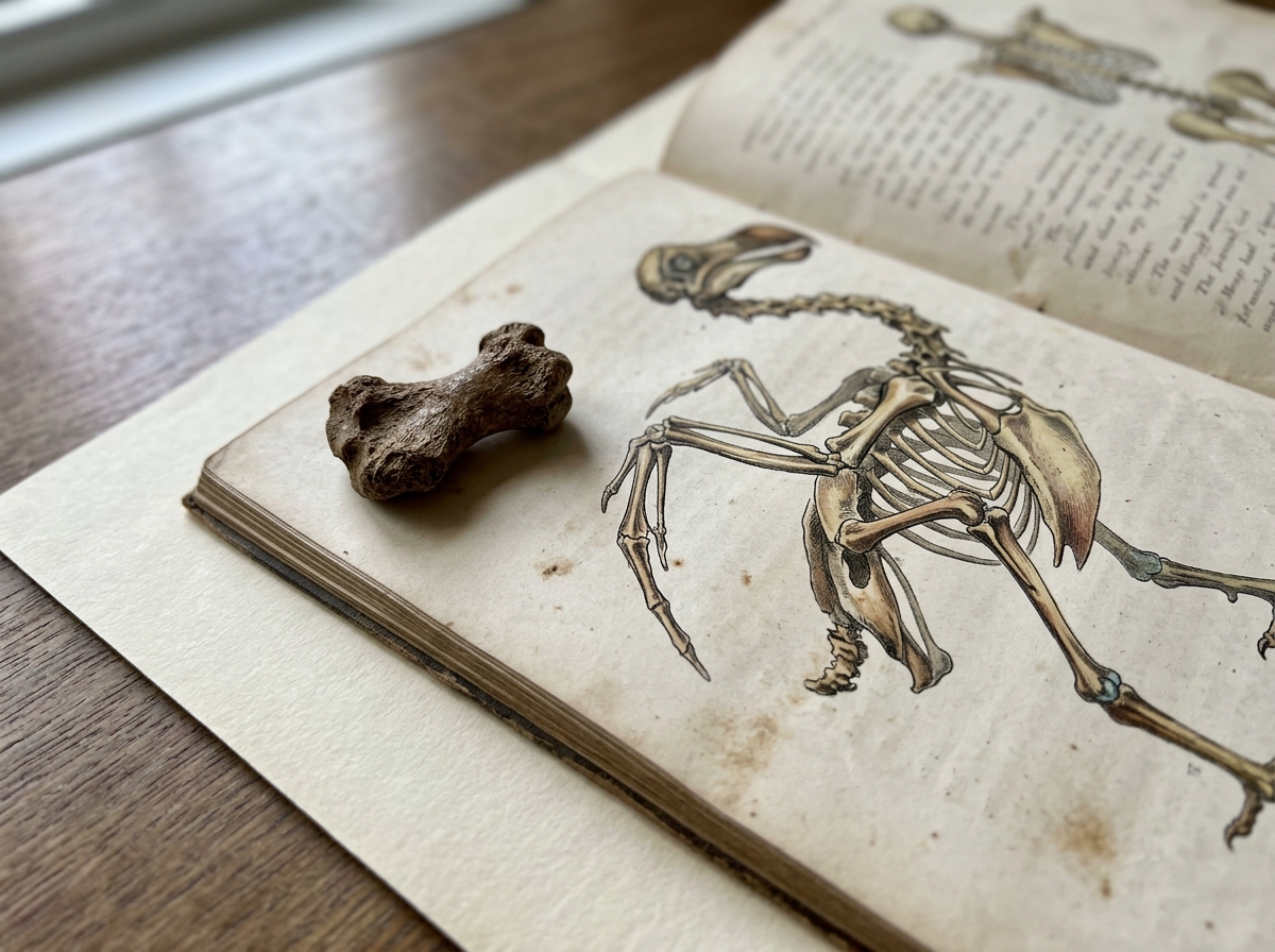 Close-up of historical dodo anatomy illustration and bones specimen