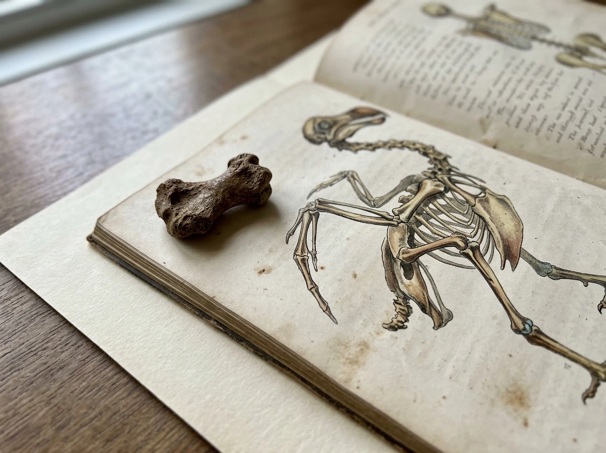 Close-up of historical dodo anatomy illustration and bones specimen