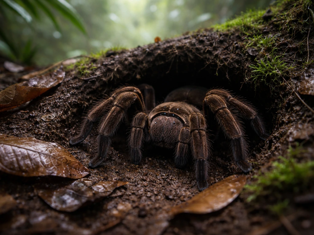 Goliath bird-eating tarantula emerging from a burrow in humid rainforest leaf litter.