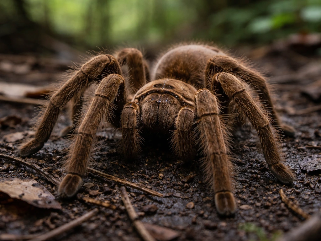 Close-up of a Theraphosa blondi tarantula on a forest floor, emphasizing it’s a terrestrial spider.