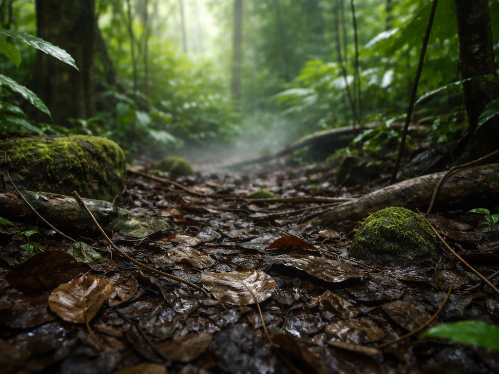 Humid lowland rainforest forest-floor with wet leaf litter, moss, and mist.