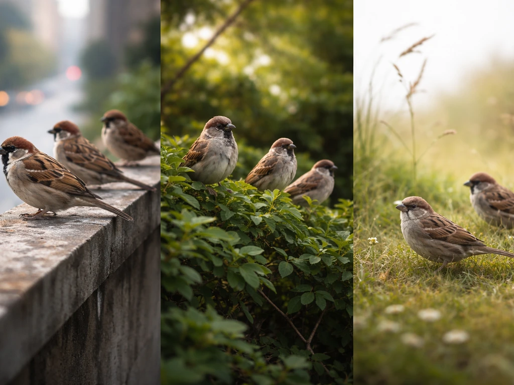 Multiple sparrows in different habitats—rooftops, shrubs, and grassland—suggesting varied conservation status by locatio