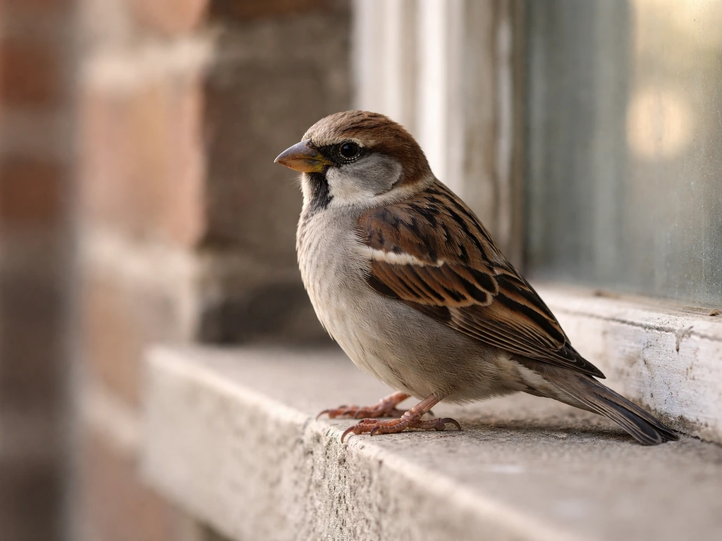 A house sparrow perched beside a building window ledge in soft natural light.