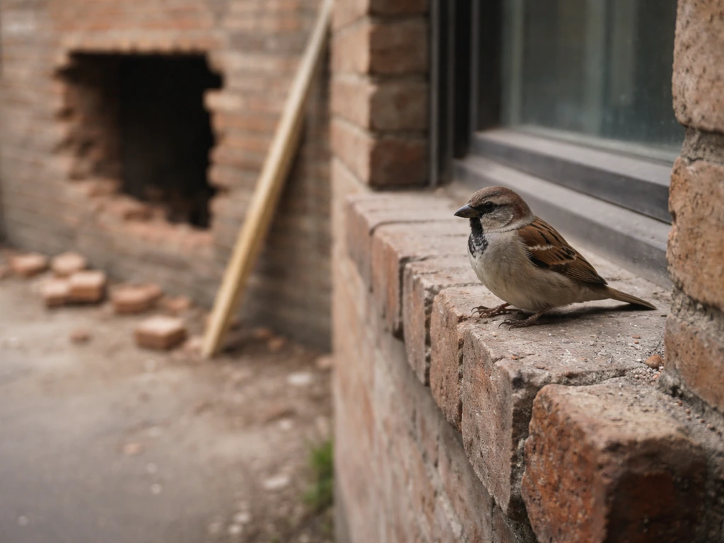 House sparrow perched near an exposed building cavity from renovation, suggesting lost nesting habitat.