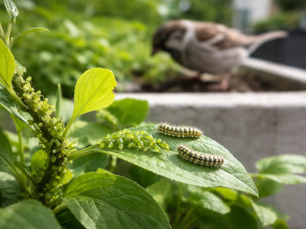 Close-up of aphids and caterpillars on native leaves with a sparrow foraging nearby in soft focus