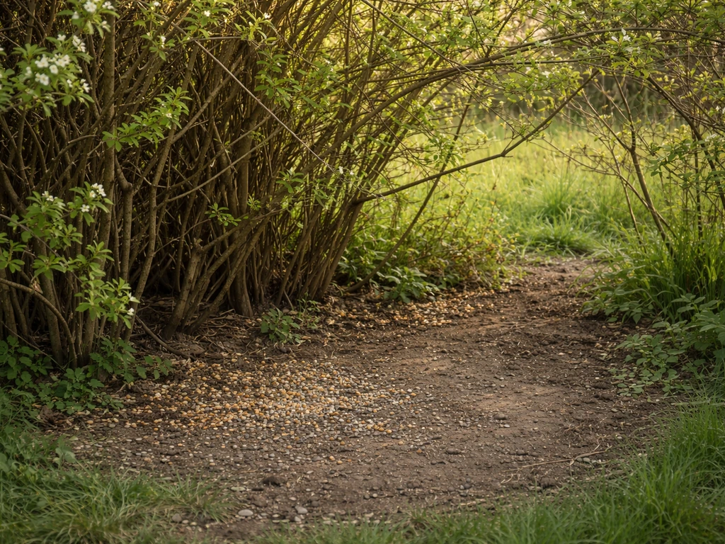 Dense native twiggy shrubs beside a small bare ground patch where sparrows can forage and hide