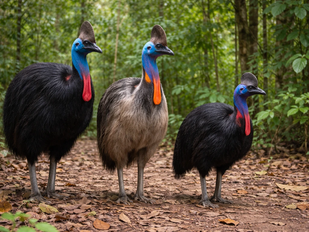 Three cassowary birds side-by-side in a minimal rainforest-edge setting, showing different sizes and tones.