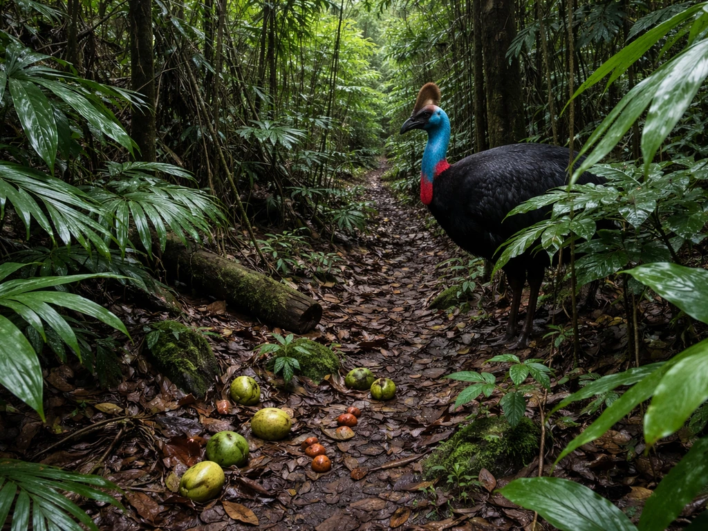 Cassowary-like rainforest scene in New Guinea: dense leaf-litter forest floor with fallen fruit and thick cover