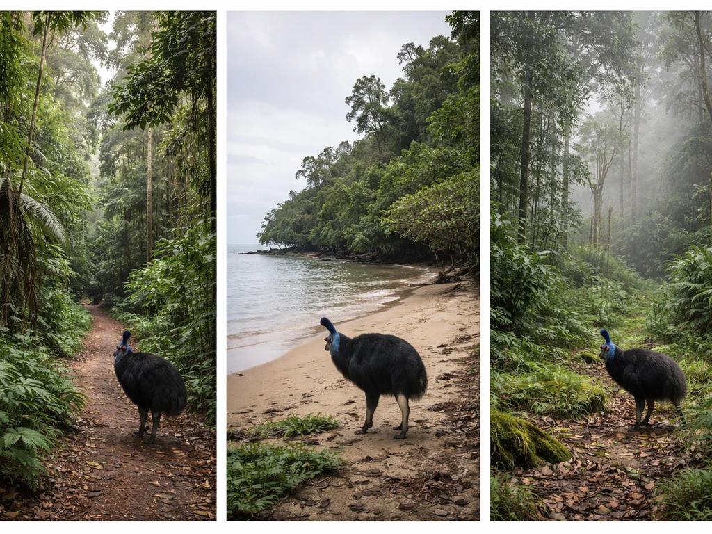 Minimal three-panel nature collage: forest, coastline, and inland clearing with distant cassowaries.