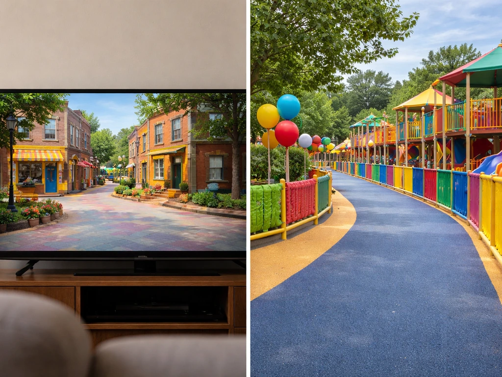 Split image of a Sesame-like TV set on one side and a colorful Sesame Place–like park play area on the other.