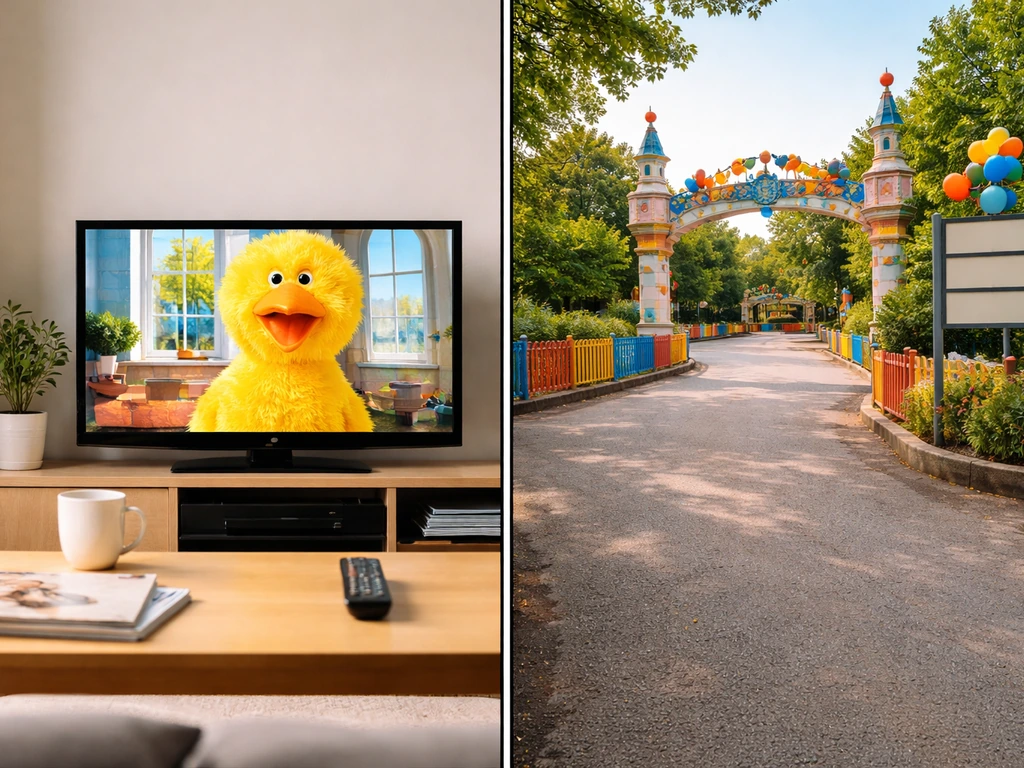 Split scene: TV monitor with a friendly bird character vibe next to a quiet amusement park entrance area.