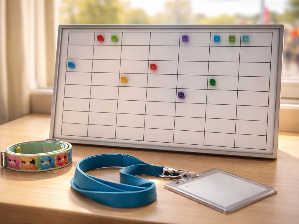 Minimal desk scene with an unbranded timeslot grid placard and markers, suggesting character show rotation.