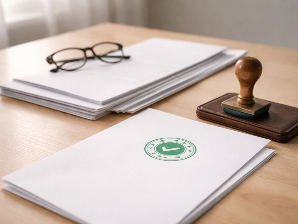 Minimal desk scene with blank contract documents and an approval stamp pressed on a page.