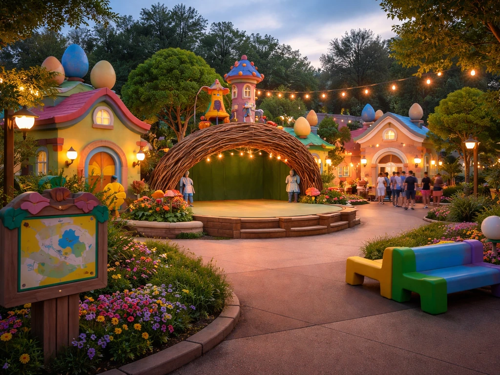 Colorful themed “Big Bird’s Nest” area at a Sesame Place–style park with a nearby small stage.