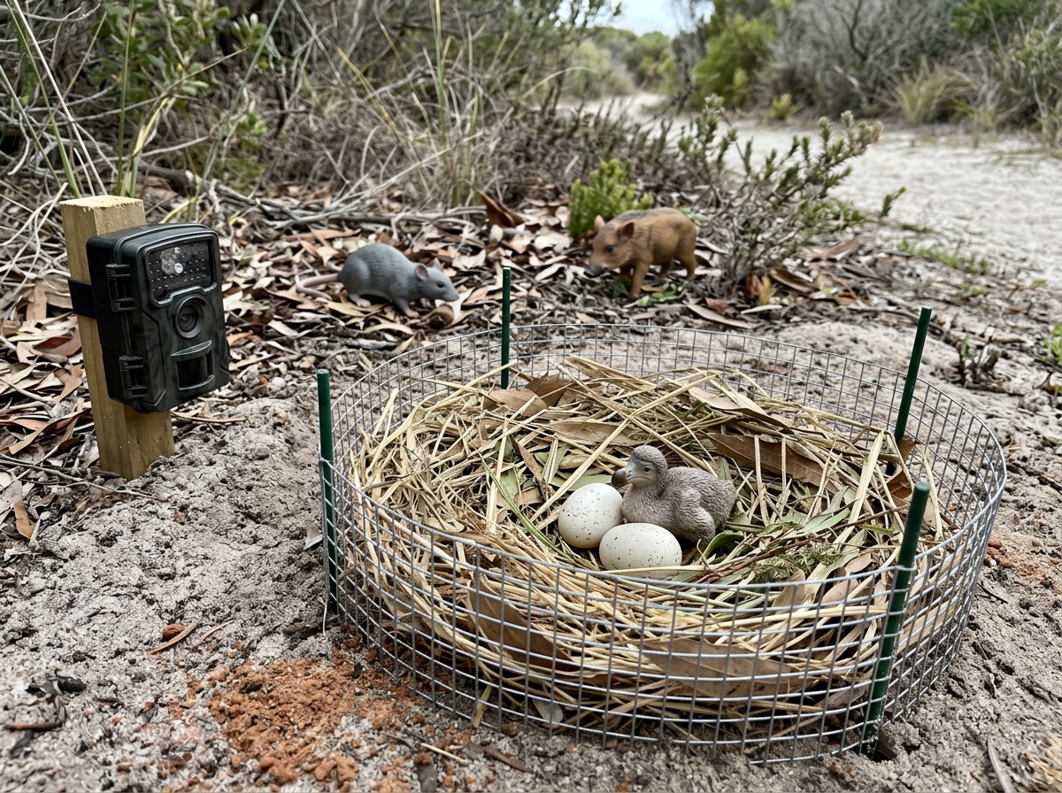 Ground nest model with camera trap nearby to illustrate egg/chick predation risk