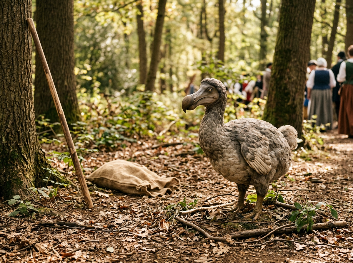 Hunting tool and net placed near a dodo figure on leaf-litter ground