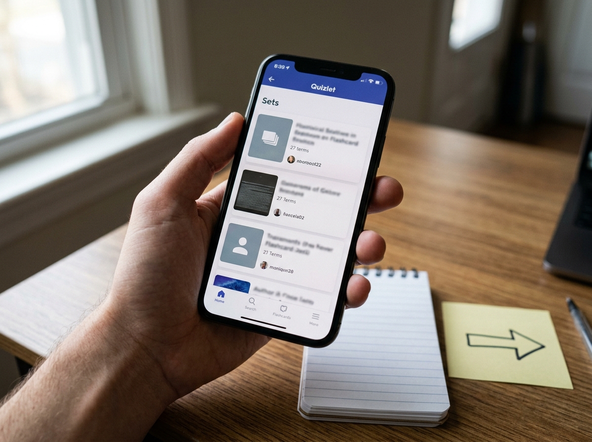 Blurred Quizlet search interface on a phone to illustrate finding dodo flashcards