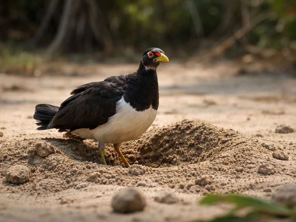 Maleo bird standing on sandy nesting ground near disturbed sand, showing ground-nesting behavior.