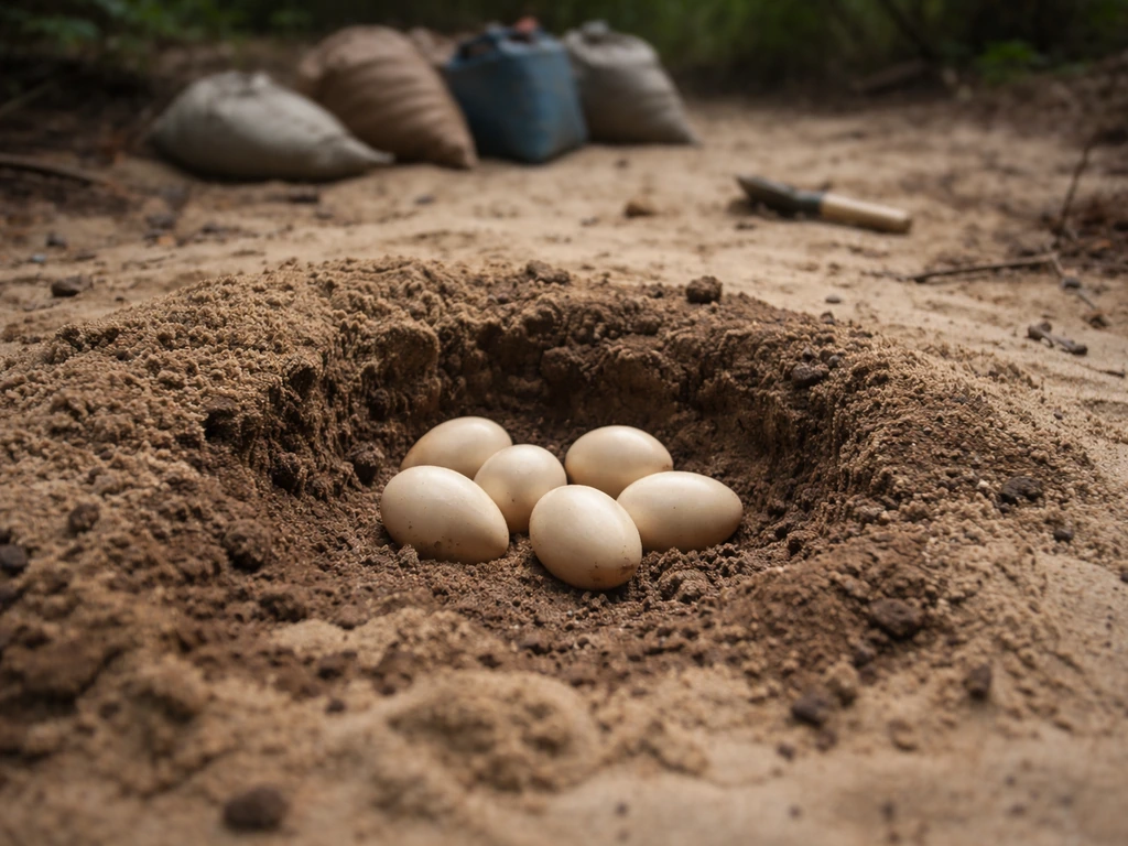 Close view of a maleo nest mound with exposed eggs and disturbed sandy ground suggesting egg harvesting pressure.