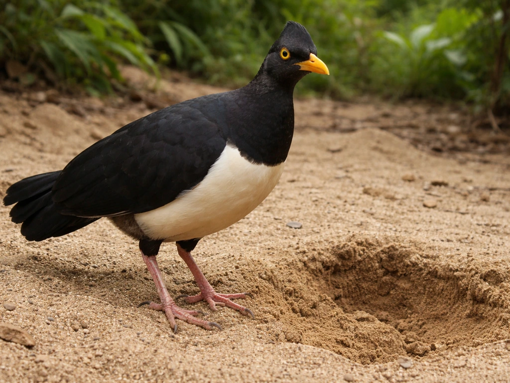A maleo megapode bird stands on sandy ground near a disturbed egg-burial nesting area on Sulawesi.