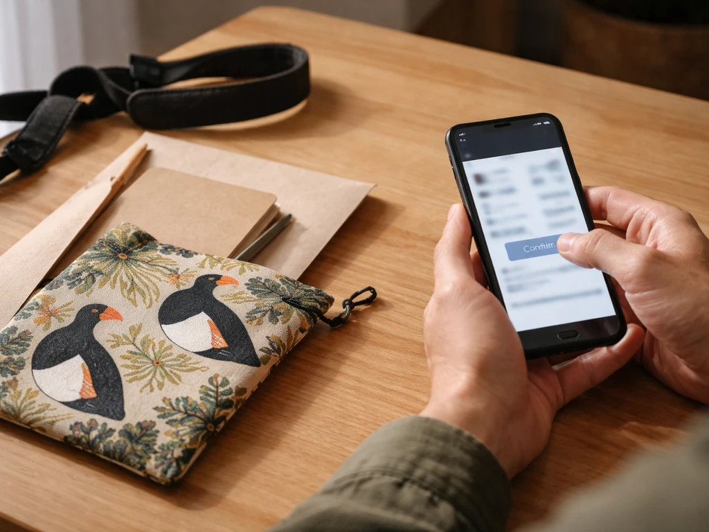 Hands using a phone to make a donation next to conservation supplies with a maleo-themed pouch.
