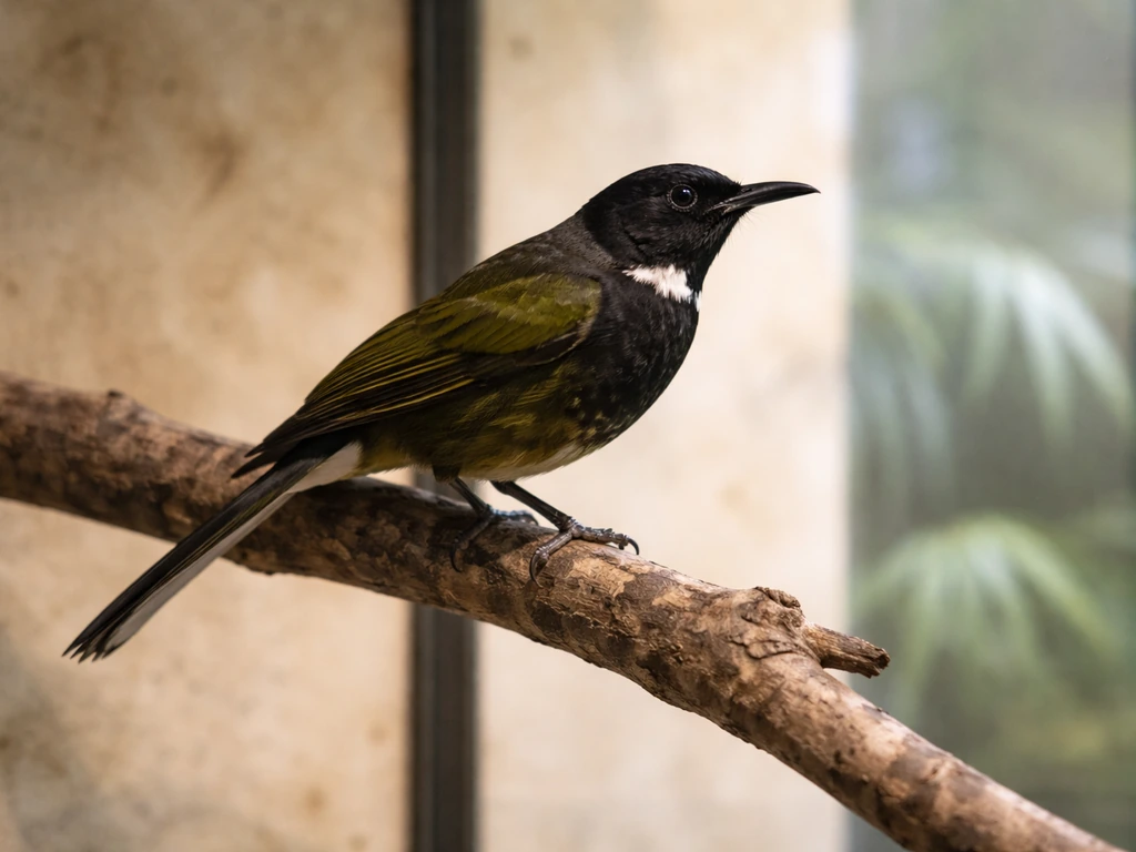 Kauaʻi ʻōʻō honeyeater perched on a branch in a museum glass display case.