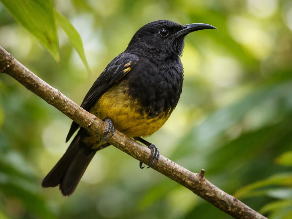 A black-and-yellow Kauaʻi ʻōʻō perched on a branch in lush tropical greenery.