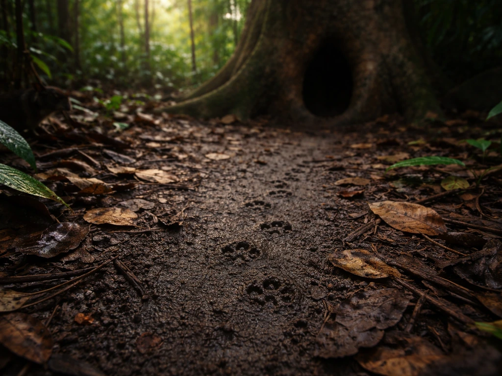 Small mammal tracks and faint silhouettes on a forest floor near a hollow nesting cavity