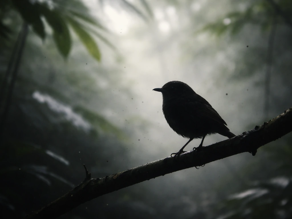 Misty rainforest close-up of a small bird silhouette suggesting illness impact from avian disease.