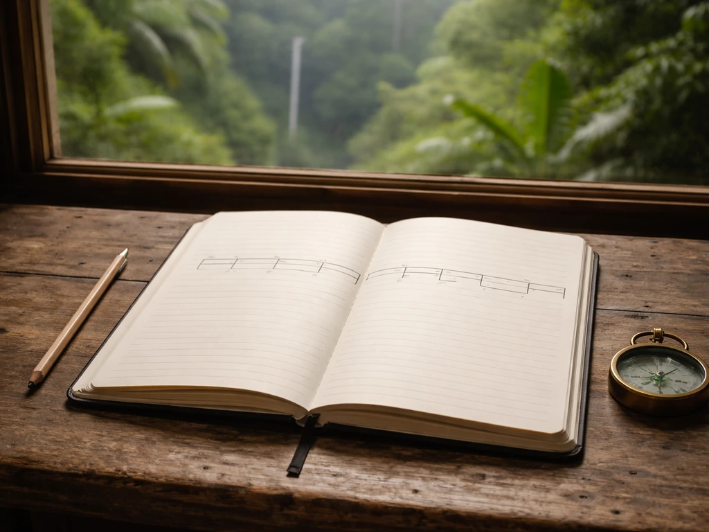 Notebook, pencil, compass, and blurred tropical forest view suggesting an extinction timeline.