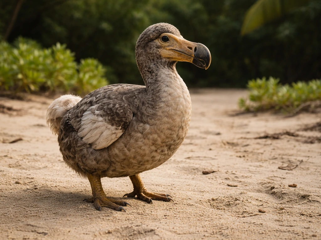 A dodo bird standing on the ground on Mauritius, showing short wings and a bulky flightless body.