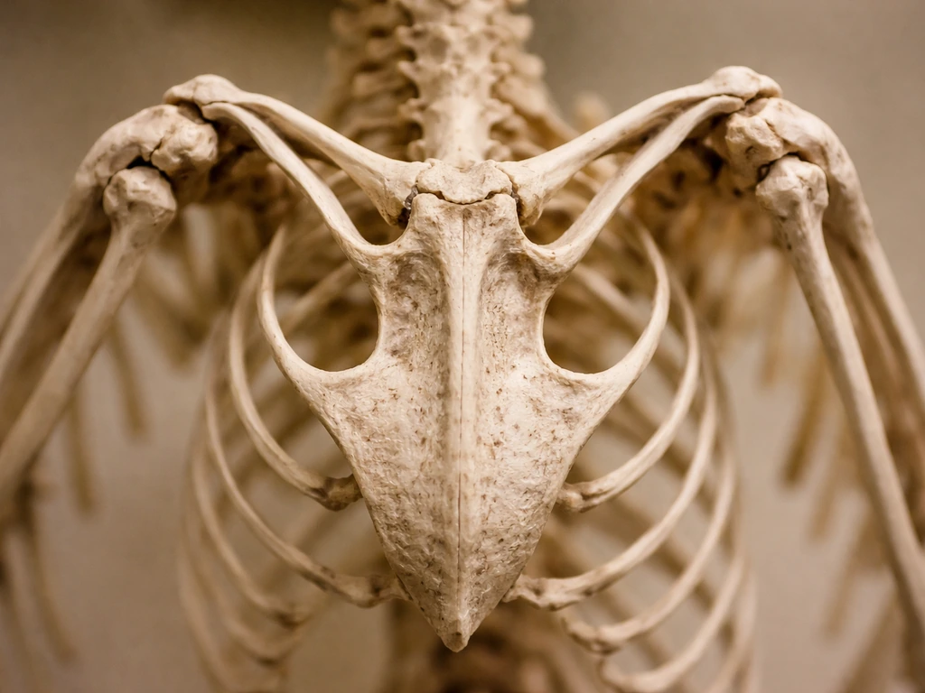 Close-up of a mounted bird skeleton sternum area with wing bones, showing flight-related anatomy.