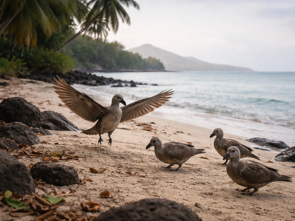 Dodo ancestors’ small group landing on a quiet predator-free island near Mauritius in the Indian Ocean