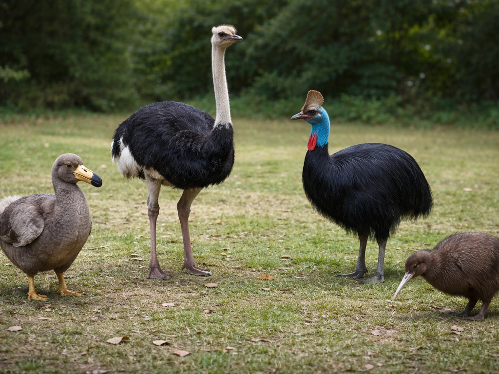 Small group of flightless birds in a minimal outdoor setting, showing different body shapes and wing features.