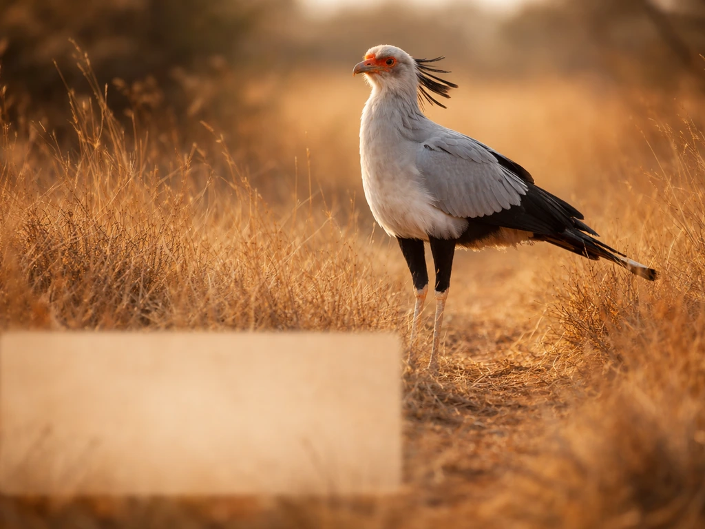Secretary bird perched in tall savanna grass under warm daylight, symbolic conservation status visual.