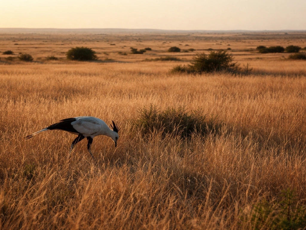 Secretary bird foraging in open African grassland with scattered shrubs and patches of cover