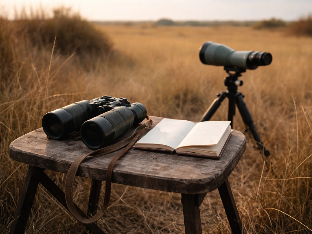 Researchers’ survey gear beside grassland during bird monitoring at golden hour