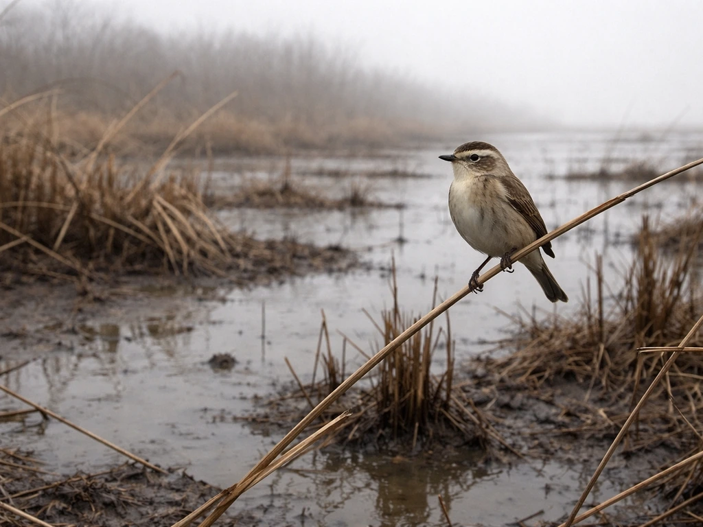 An endangered songbird perched in a dwindling wetland with sparse reeds and dramatic overcast sky.