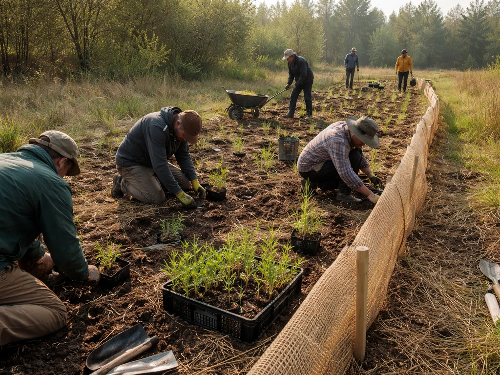 Volunteers restoring native habitat in a rural field, planting seedlings along a simple protective barrier.